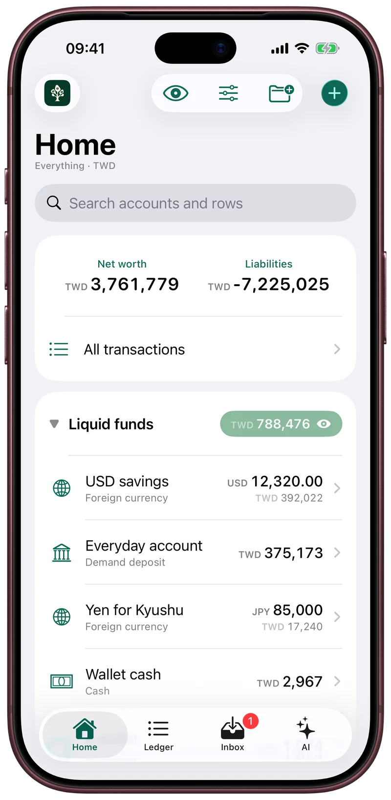 Home with Liquid funds open, showing savings in two currencies