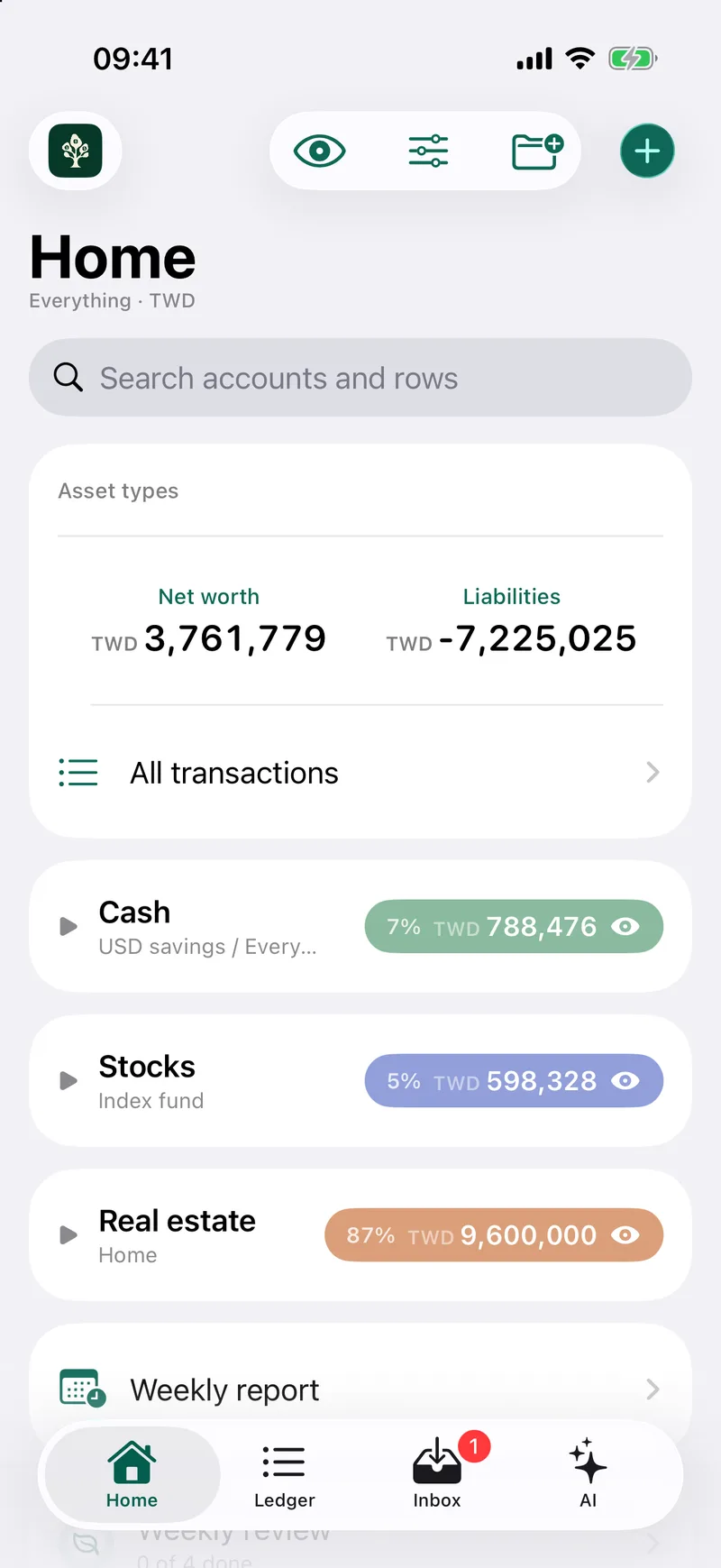 Home shows net worth by asset type