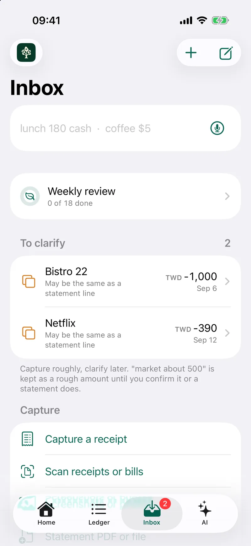 The inbox collects rows to clarify