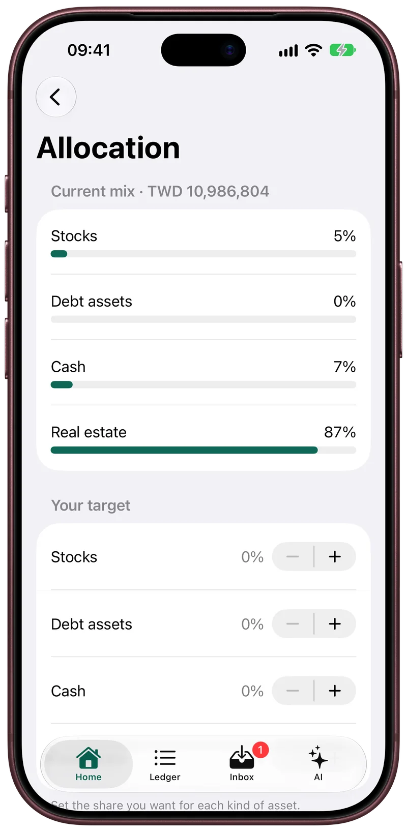 Allocation shows the current mix and your target