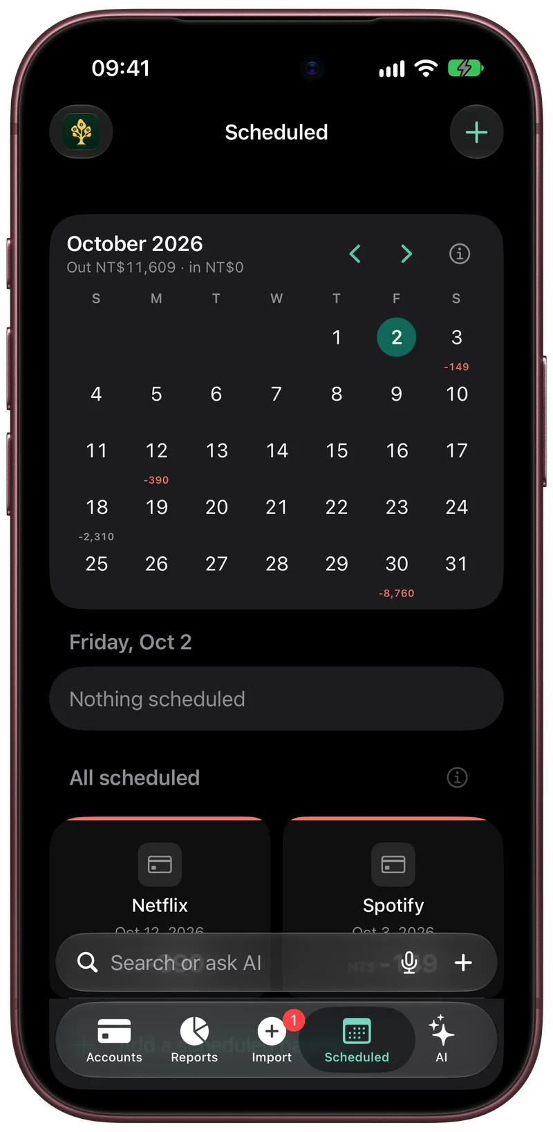 Scheduled shows the month with the amount due on each day