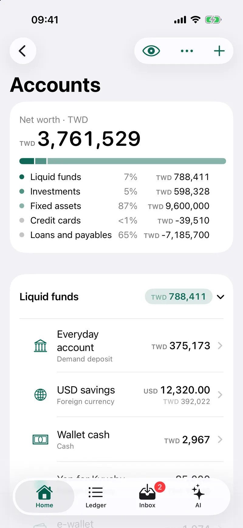 Accounts in folders with totals