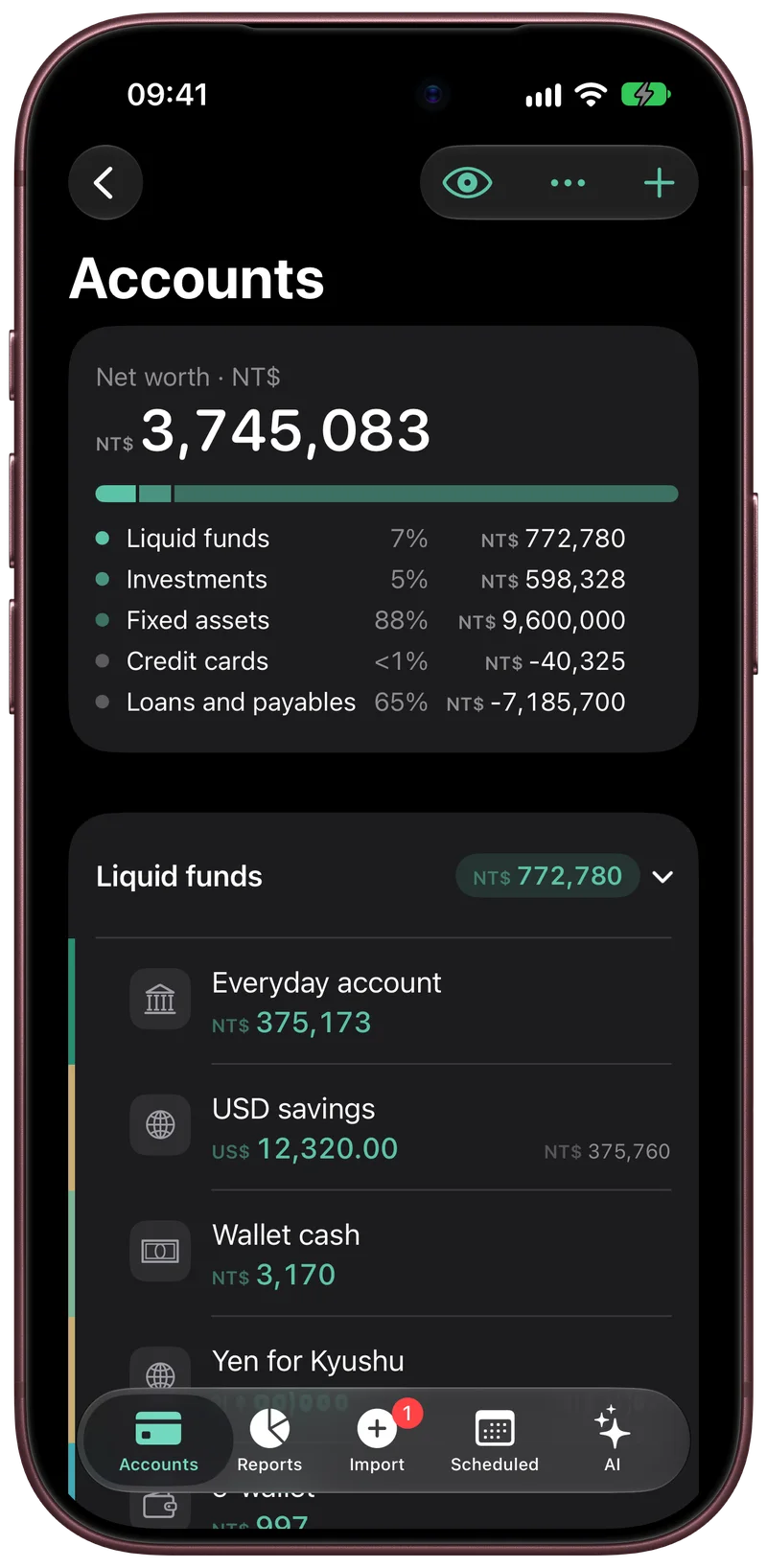 Accounts in folders with totals