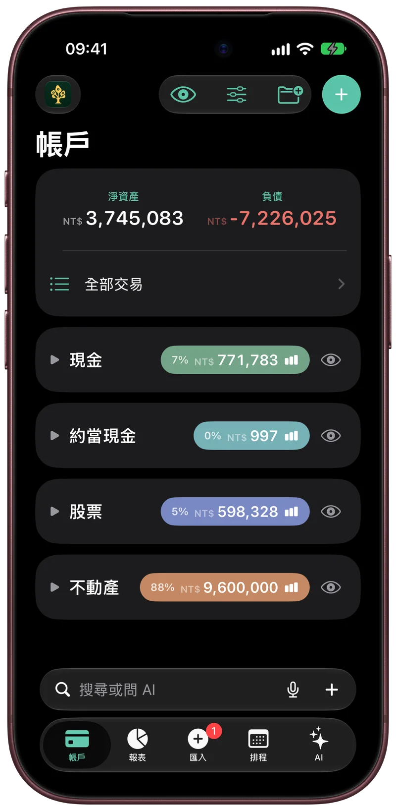 盛林記帳依資產類型顯示淨資產與負債